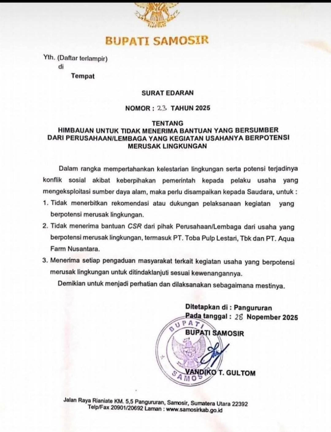 Pemerintah Kabupaten Samosir Terbitkan Surat Edaran untuk Melindungi Lingkungan