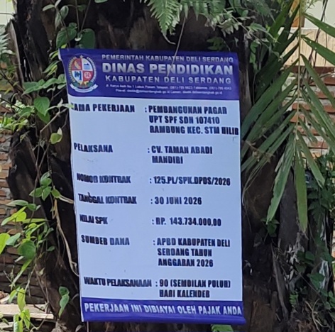 Proyek Pembangunan Pagar SDN 107410 Rambung Kecamatan STM Hilir Terindikasi Korupsi.